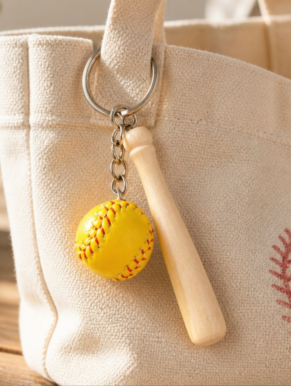 Softball Keychain Wooden Bat Yellow Ball Bag Charm Game Day Team Spirit Keyring